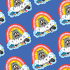Pattern of circular 5 Eye Studio vinyl stickers featuring a raccoon holding a cookie, with the text All day I dream about snacks over a rainbow on a blue background.