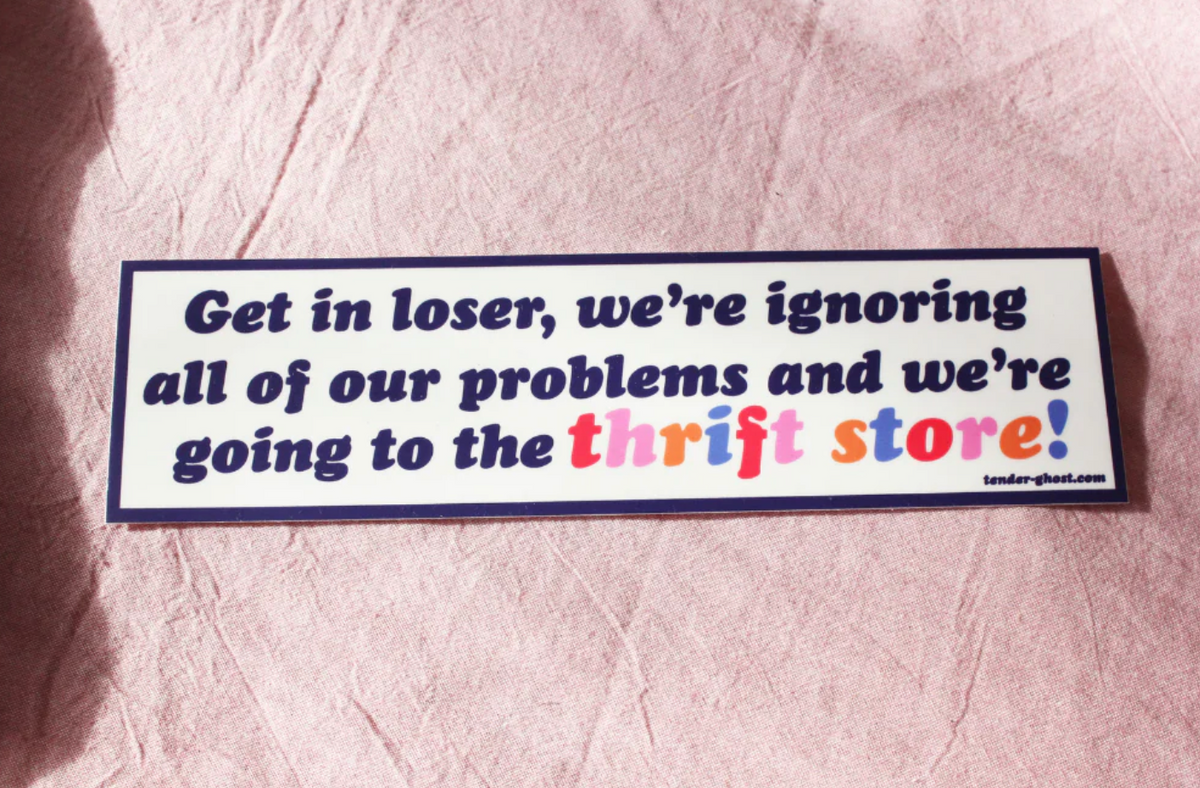 Bumper sticker that reads: Get in loser, we’re ignoring all of our problems and we’re going to the thrift store! with the store name in multicolored lettering and tender-ghost.com in the bottom right corner of this durable vinyl sticker.