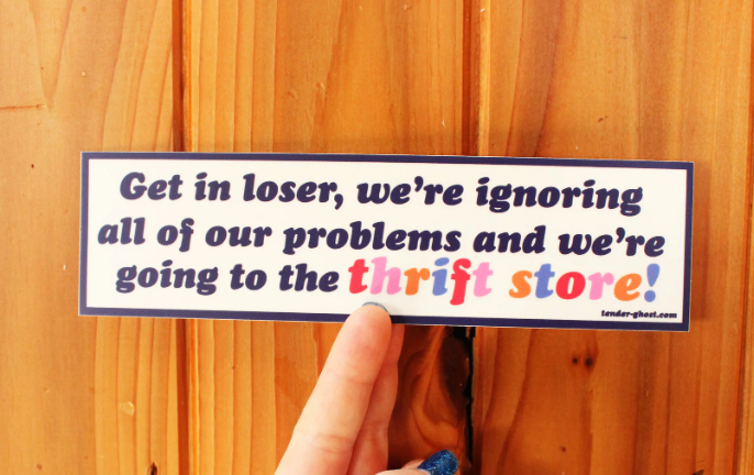 A hand holds a durable vinyl sticker that reads, Get in loser, we’re ignoring all of our problems and we’re going to the thrift store!.
