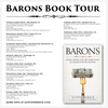 Flyer for the Barons Book Tour, listing event dates and locations alongside an image of the book cover featuring a golden fork holding a roll of dollar bills, highlighting investigations into food industry antitrust policy.
