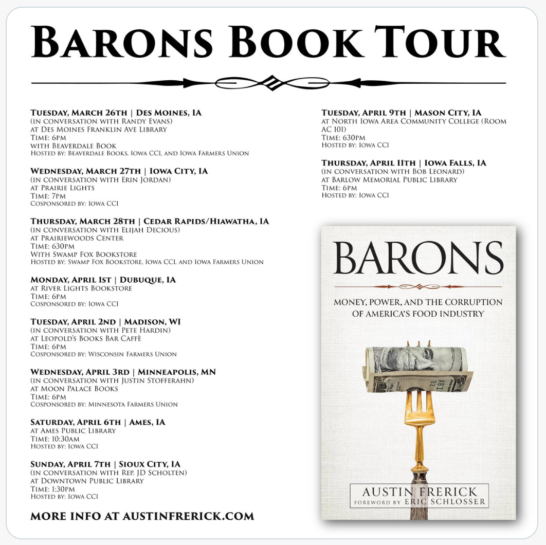 Flyer for the Barons Book Tour, listing event dates and locations alongside an image of the book cover featuring a golden fork holding a roll of dollar bills, highlighting investigations into food industry antitrust policy.