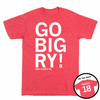 Short-sleeve heather red t-shirt with white ink that says, "GO BIG RY" in giant print above small text that reads "RYAN HUNTER" with an outline of Nebraska to the right. A circle image overlayed in the bottom right corner shows the back printed like a sports jersey with "HUNTER" above 18.