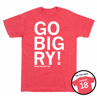 Short-sleeve heather red t-shirt with white ink that says, "GO BIG RY" in giant print above small text that reads "RYAN HUNTER" with an outline of Nebraska to the right. A circle image overlayed in the bottom right corner shows the back printed like a sports jersey with "HUNTER" above 18.
