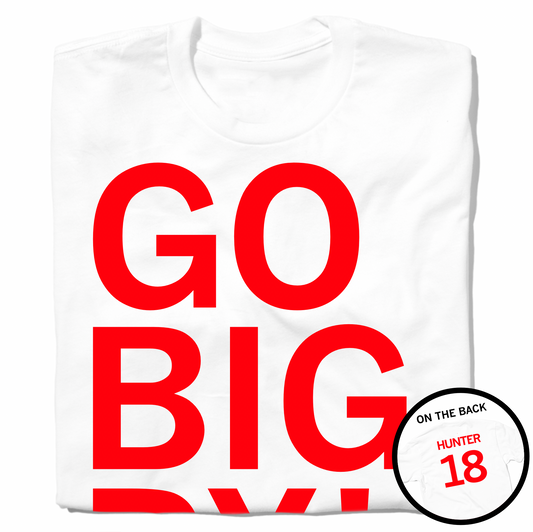 A folded white t-shirt with bright red ink that says, "GO BIG RY" in giant print above small text that reads "RYAN HUNTER" with an outline of Nebraska to the right. A circle image overlayed in the bottom right corner shows the back printed like a sports jersey with "HUNTER" above 18.