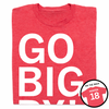 A folded heather red t-shirt with white ink that says, "GO BIG RY" in giant print above small text that reads "RYAN HUNTER" with an outline of Nebraska to the right. A circle image overlayed in the bottom right corner shows the back printed like a sports jersey with "HUNTER" above 18.