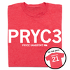 A folded heather red t-shirt with white ink print that says, "PRYC3" with smaller text below that reads "PRYCE SANDFORT." A circular image to the bottom right show the back of the shirt printed like a jersey with "SANDFORT" over 21.