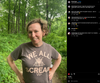 A smiling woman wears a union-made RAYGUN t-shirt with a cicada illustration and the text WE ALL SCREAM, while a live cicada rests on her nose in a forest.