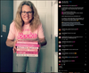 A smiling woman wearing glasses and a union-made, pink My job is books t-shirt holds a stack of five pink-themed romance novels.