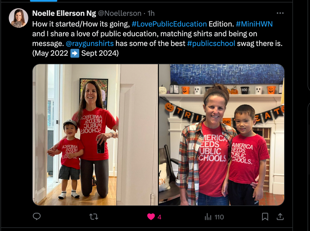 A split image of a woman and a young boy wearing matching red, union-made t-shirts that say America Needs Public Schools, taken in May 2022 and September 2024 to show their support for public education.