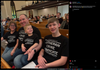A man sits in a church pew with his three sons, all wearing matching union made black t-shirts that read Just another member of the Lutheran Crime Syndicate.