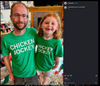 A man and a young girl wearing matching heather kelly green Chicken Jockey t-shirts with white lettering.