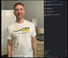 A man wearing a white t-shirt that says Iowa with the text We All Are Going to Die underneath, referencing union labor concerns.