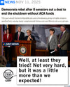 Senator Maggie Hassan speaks at a podium with four other senators behind her, as an NBC News graphic reads Democrats rebel after 8 senators cut a deal to end the shutdown without ACA funds, like an At Least You Tried postcard made in USA.
