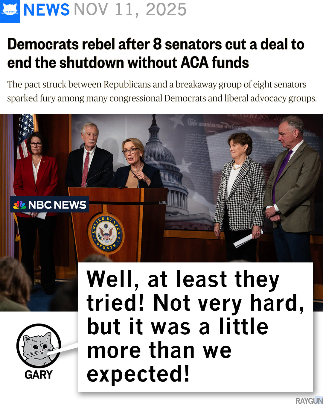 Senator Maggie Hassan speaks at a podium with four other senators behind her, as an NBC News graphic reads Democrats rebel after 8 senators cut a deal to end the shutdown without ACA funds, like an At Least You Tried postcard made in USA.