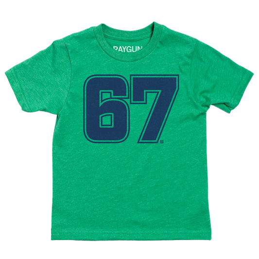 Heather Kelly Green youth-shirt with "67" printed large in navy ink.