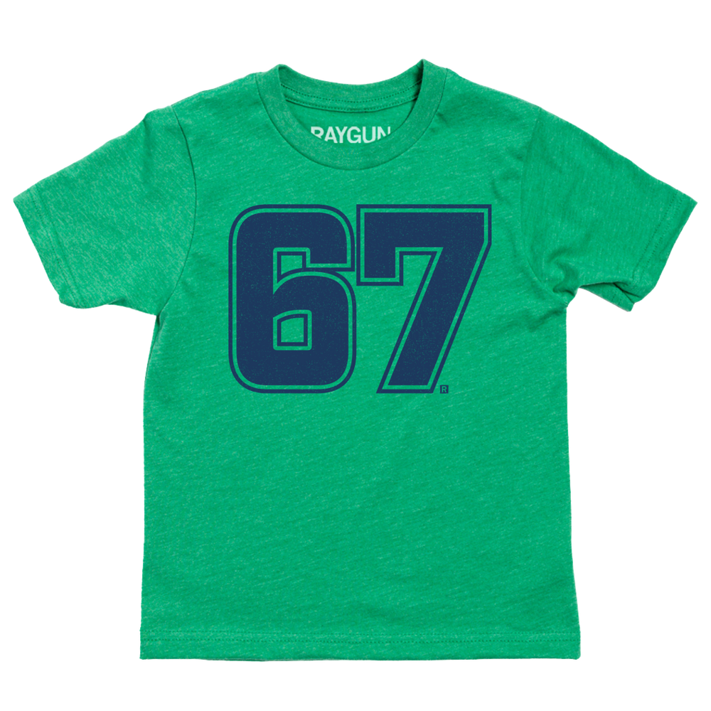 Heather Kelly Green youth-shirt with "67" printed large in navy ink.
