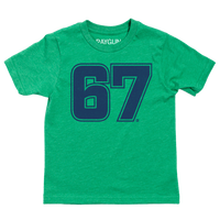 Heather Kelly Green youth-shirt with "67" printed large in navy ink.