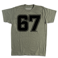 A heather military green t-shirt with giant "67" printed in black ink in the center.