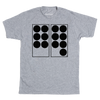 A heather grey t-shirt with black ink depicting two vertical rectangles side-by-side. The one on the left has six black dots in it while the one on the right has seven. Referencing the 6 7 meme.
