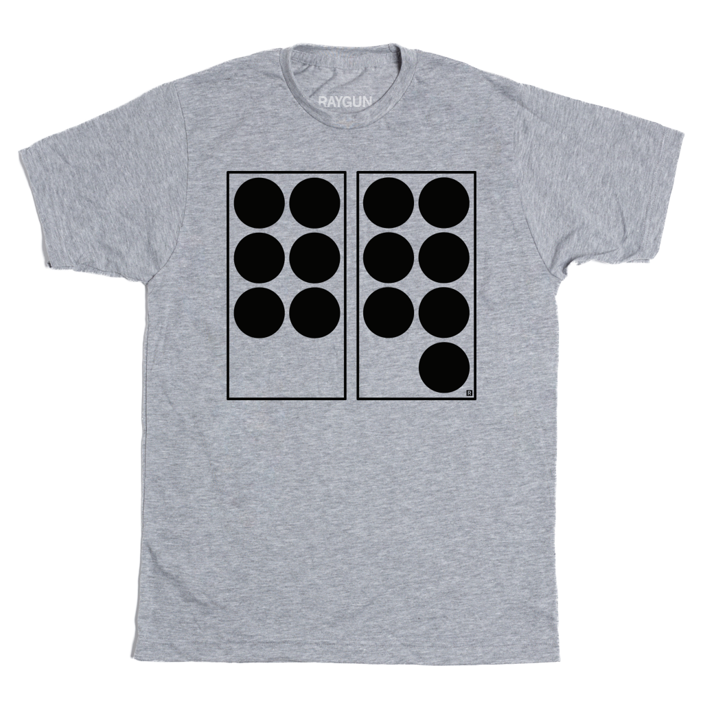 A heather grey t-shirt with black ink depicting two vertical rectangles side-by-side. The one on the left has six black dots in it while the one on the right has seven. Referencing the 6 7 meme.