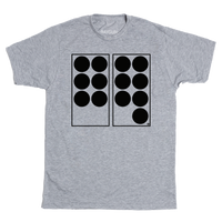 A heather grey t-shirt with black ink depicting two vertical rectangles side-by-side. The one on the left has six black dots in it while the one on the right has seven. Referencing the 6 7 meme.