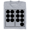 Folded heather grey t-shirt with black ink depicting two vertical rectangles side-by-side. The one on the left has six black dots in it while the one on the right has seven. Referencing 67.