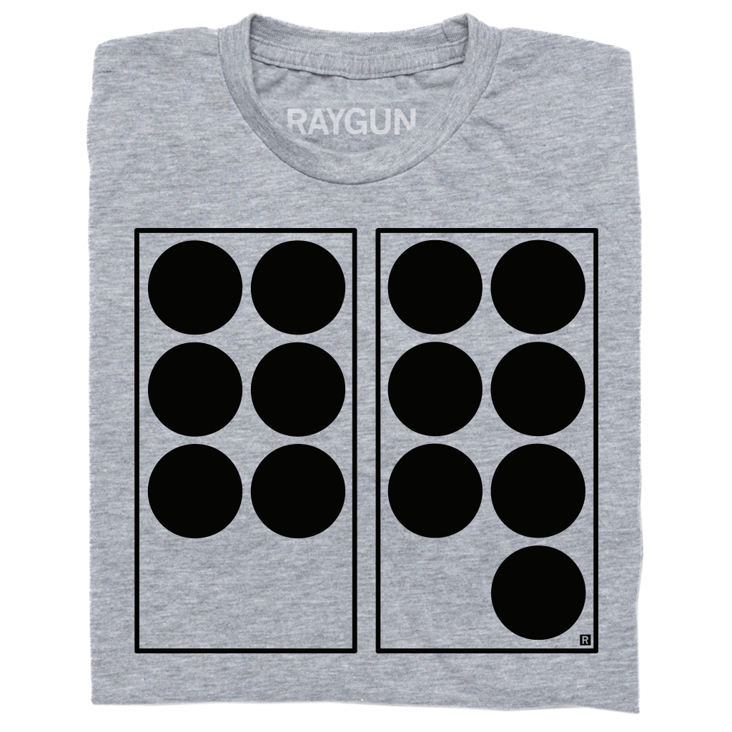 Folded heather grey t-shirt with black ink depicting two vertical rectangles side-by-side. The one on the left has six black dots in it while the one on the right has seven. Referencing 67.