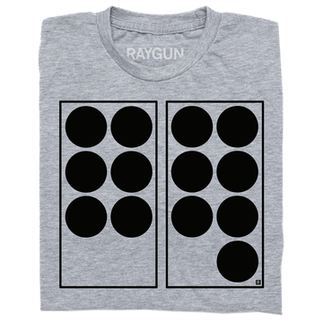Folded heather grey t-shirt with black ink depicting two vertical rectangles side-by-side. The one on the left has six black dots in it while the one on the right has seven. Referencing 67.