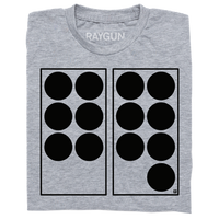 Folded heather grey t-shirt with black ink depicting two vertical rectangles side-by-side. The one on the left has six black dots in it while the one on the right has seven. Referencing 67.