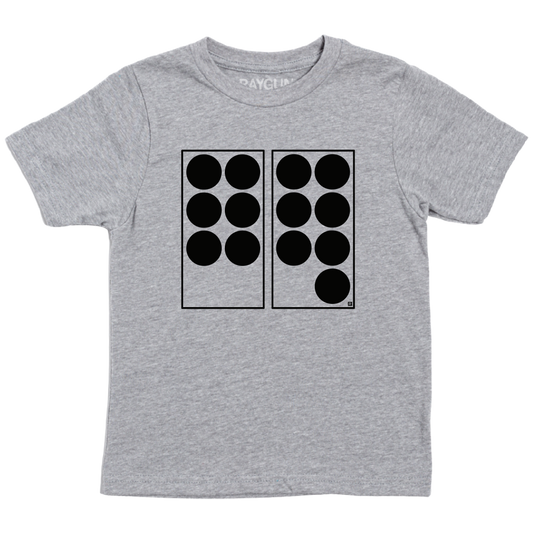 A heather grey youth shirt with black ink depicting two vertical rectangles side-by-side. The one on the left has six black dots in it while the one on the right has seven. Referencing 67.