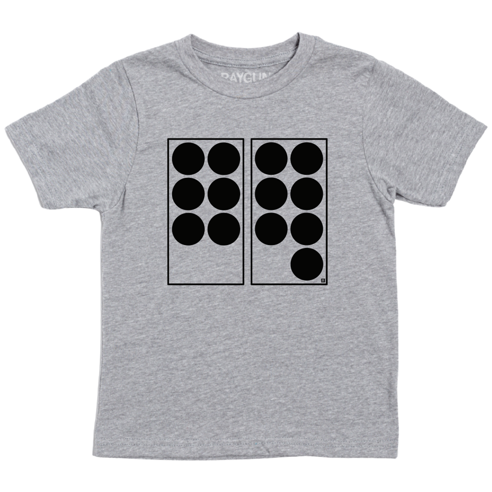 A heather grey youth shirt with black ink depicting two vertical rectangles side-by-side. The one on the left has six black dots in it while the one on the right has seven. Referencing 67.
