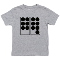 A heather grey youth shirt with black ink depicting two vertical rectangles side-by-side. The one on the left has six black dots in it while the one on the right has seven. Referencing 67.