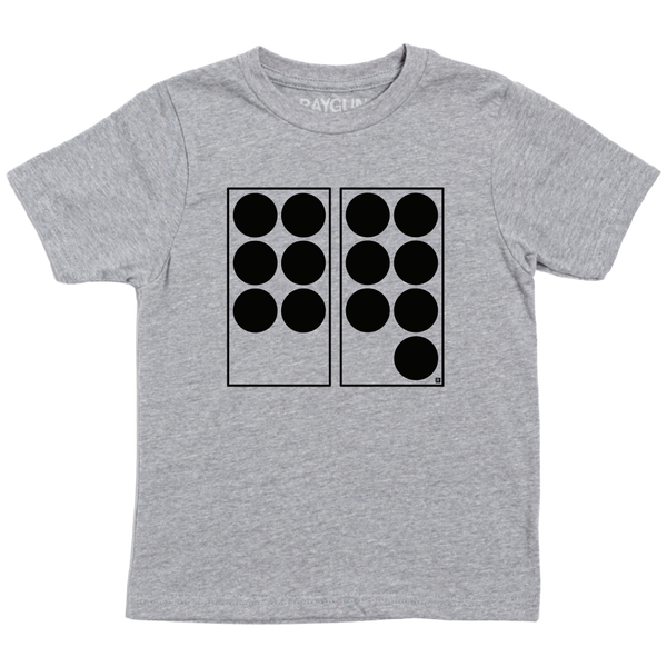 A heather grey youth shirt with black ink depicting two vertical rectangles side-by-side. The one on the left has six black dots in it while the one on the right has seven. Referencing 67.