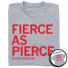 Heather grey Nebraska Volleyball t-shirt with FIERCE AS PIERCE in large red letters, Skyler Pierce 21 below, and an inset showing the back of the shirt with PIERCE 21 printed on it.