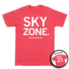 Heather red Sky Zone t-shirt with large white letters on the front and PIERCE 21 printed on the back.