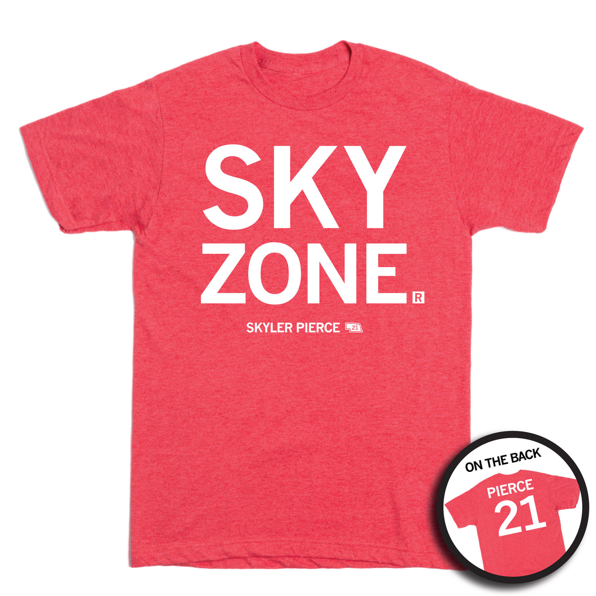 Heather red Sky Zone t-shirt with large white letters on the front and PIERCE 21 printed on the back.