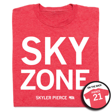 Heather red Sky Zone t-shirt with the name SKYLER PIERCE 21 printed on the front and a circular inset showing the back of the shirt with PIERCE 21.