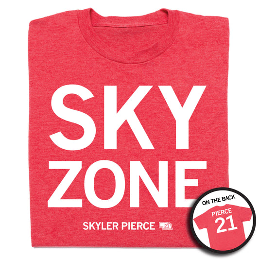 Heather red Sky Zone t-shirt with the name SKYLER PIERCE 21 printed on the front and a circular inset showing the back of the shirt with PIERCE 21.