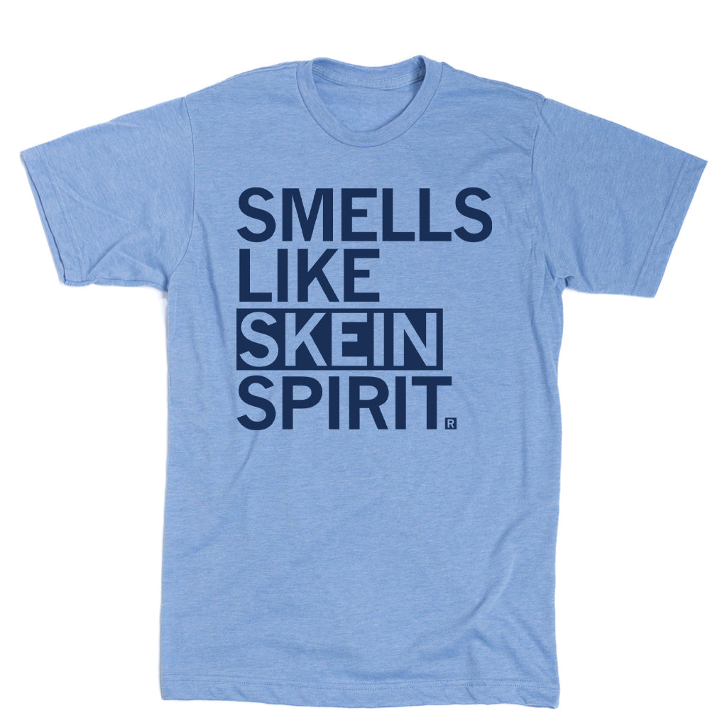 Light blue athletic t-shirt with the text SMELLS LIKE SKEIN SPIRIT printed in navy blue on the chest.