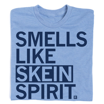 Light blue athletic t-shirt with the text SMELLS LIKE SKEIN SPIRIT. printed in dark blue.
