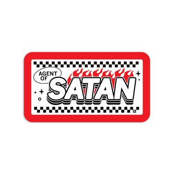 Rectangular RAYGUN die-cut vinyl sticker with a red border, black and white checkered edges, and the text AGENT OF SATAN in bold letters above red flames.