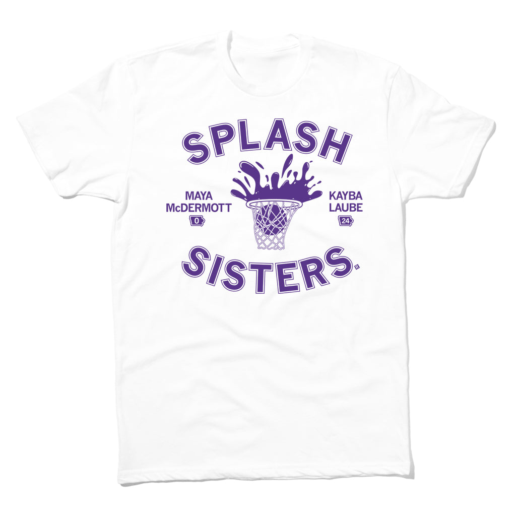 White T-shirt with a purple Splash Sisters graphic showing a basketball going through a net, featuring Maya McDermott and Kayba Laube with their respective jersey numbers.