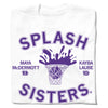 White t-shirt with a purple Splash Sisters design featuring a basketball hoop graphic and the names Maya McDermott (0) and Kayba Laube (24).