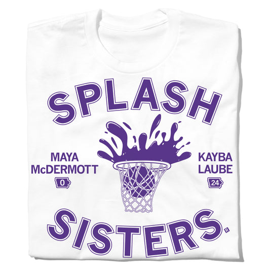 White t-shirt with a purple Splash Sisters design featuring a basketball hoop graphic and the names Maya McDermott (0) and Kayba Laube (24).