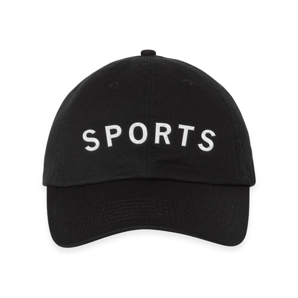 Black RAYGUN baseball cap with the word SPORTS embroidered in white lettering.