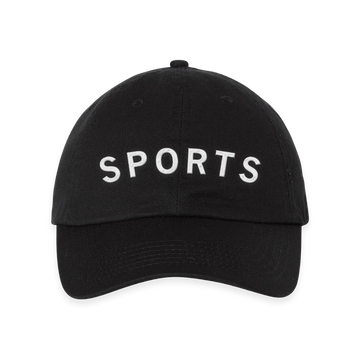 Black RAYGUN baseball cap with the word SPORTS embroidered in white lettering.