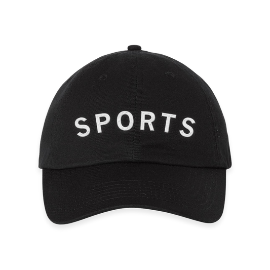 Black RAYGUN baseball cap with the word SPORTS embroidered in white lettering.