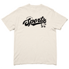Short-sleeve comfort colors heavyweight ivory t-shirt with black ink in a vintage style text that says "Sports" across the chest. Small, curved text above says, "REALLY BIG FAN" and a circular cartoon character to the right if smiling and giving a thumbs up.