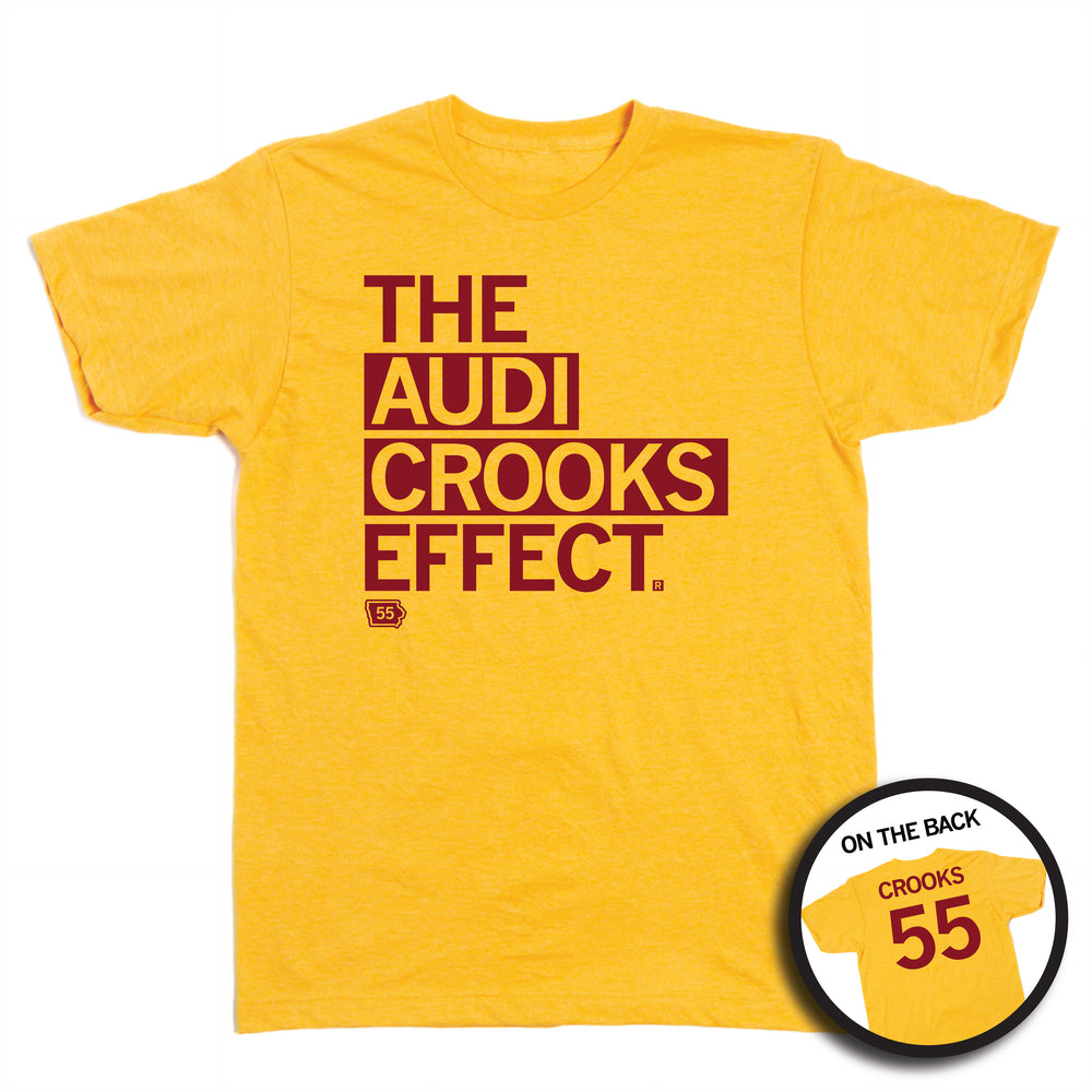 A heather mellow yellow t-shirt with left-aligned cardinal print text that says, "The Audi Crooks Effect" on the front. The back is laid out like a sports jersey and reads "Crooks 55"