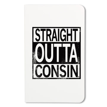 Lineless notebook with a square black ink print on the cover that says "Straight outta consin"